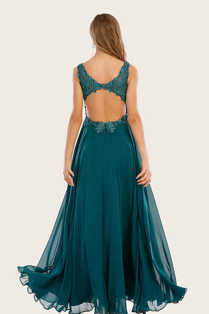 Dress Ink Blue Chiffon Long Evening Dress With Beading Lace Applique Prom Dress