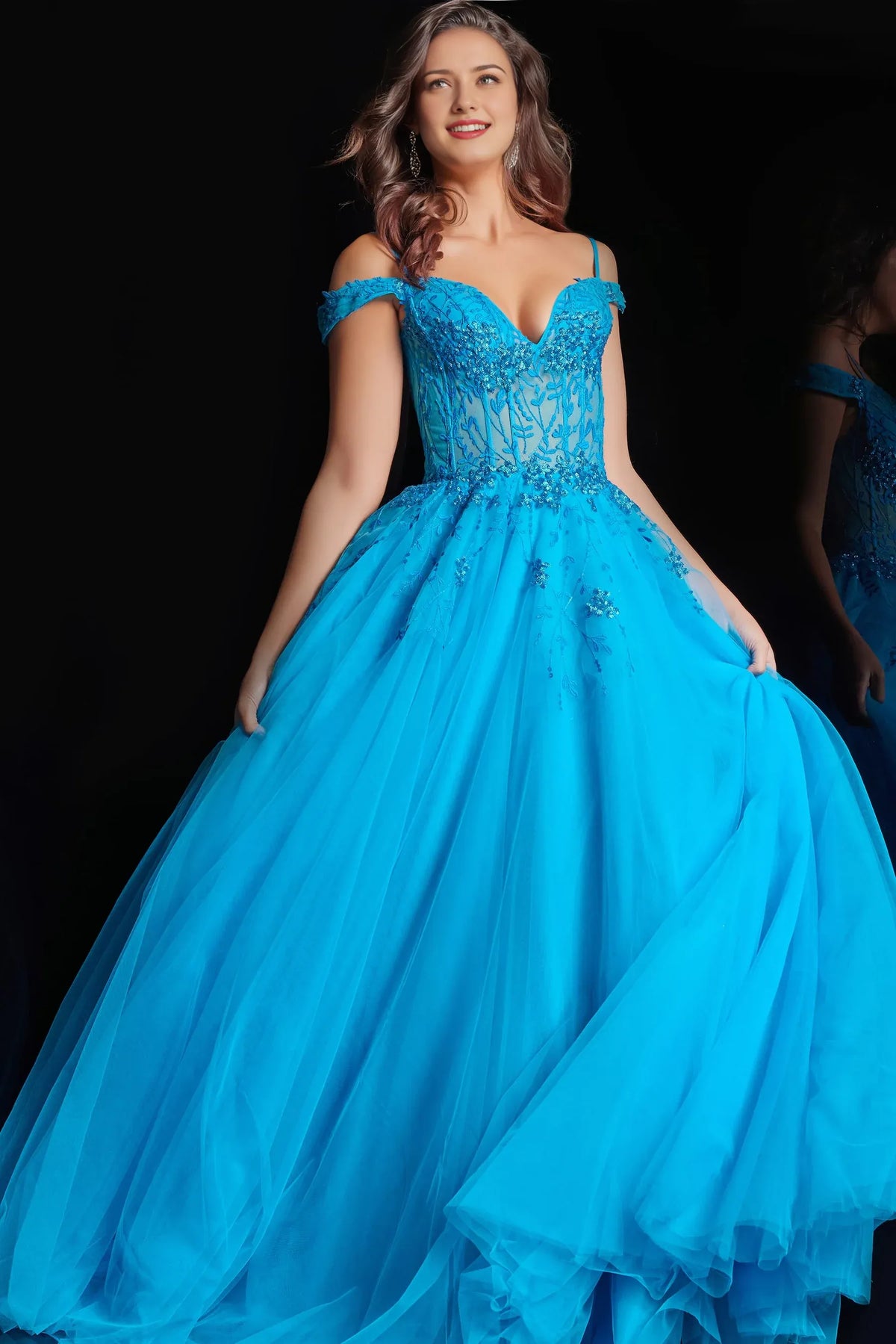 Dress Turquoise Tulle Gown Off Shoulder Neck Embroidered Bodice Tulle Ball Gown Skirt And A Dramatic Hem Prom Dress