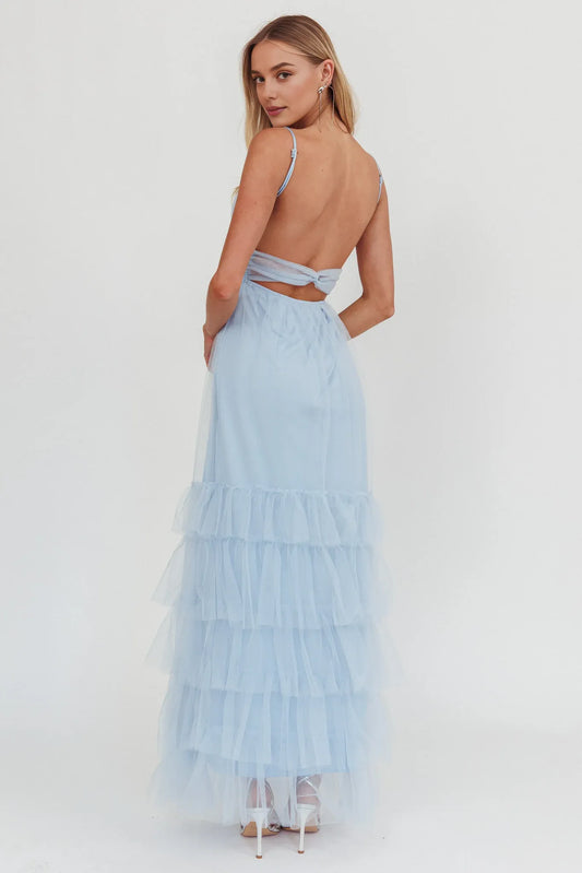 Dress Twist Back Frill Trim Tulle Maxi Dress Steel Blue Spaghetti Straps Backless Party Dress