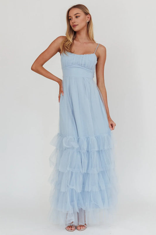 Dress Twist Back Frill Trim Tulle Maxi Dress Steel Blue Spaghetti Straps Backless Party Dress