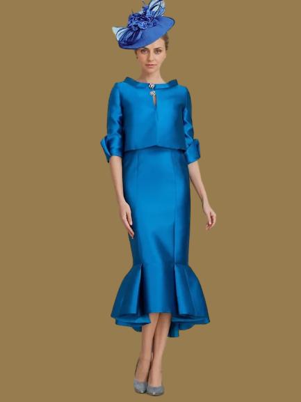 Dress Two Piece Mermaid Formal Wedding Guest Elegant Jewel Neck Tea Length Satin Half Sleeve With Buttons Derby Dress Race Day Dress Mother of the Bride Dress