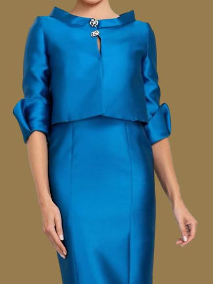 Dress Two Piece Mermaid Formal Wedding Guest Elegant Jewel Neck Tea Length Satin Half Sleeve With Buttons Derby Dress Race Day Dress Mother of the Bride Dress