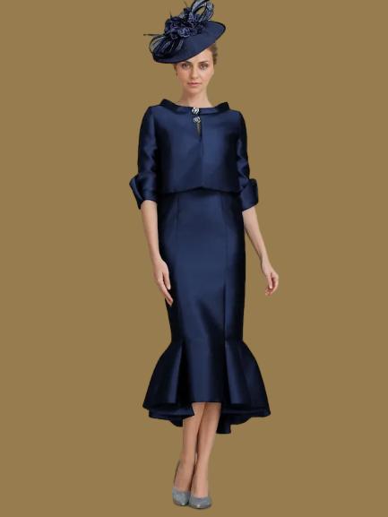 Dress Two Piece Mermaid Formal Wedding Guest Elegant Jewel Neck Tea Length Satin Half Sleeve With Buttons Derby Dress Race Day Dress Mother of the Bride Dress