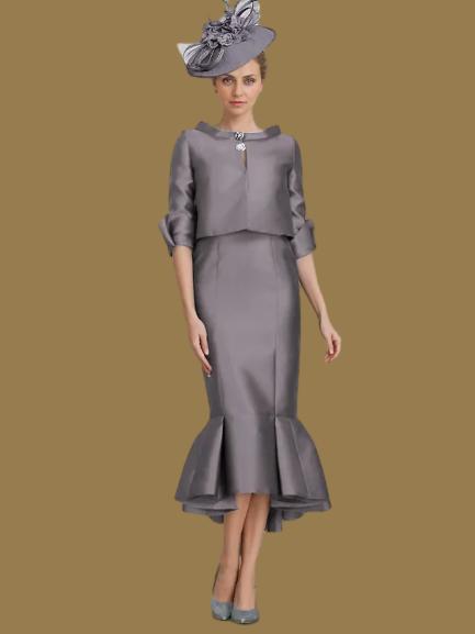 Dress Two Piece Mermaid Formal Wedding Guest Elegant Jewel Neck Tea Length Satin Half Sleeve With Buttons Derby Dress Race Day Dress Mother of the Bride Dress