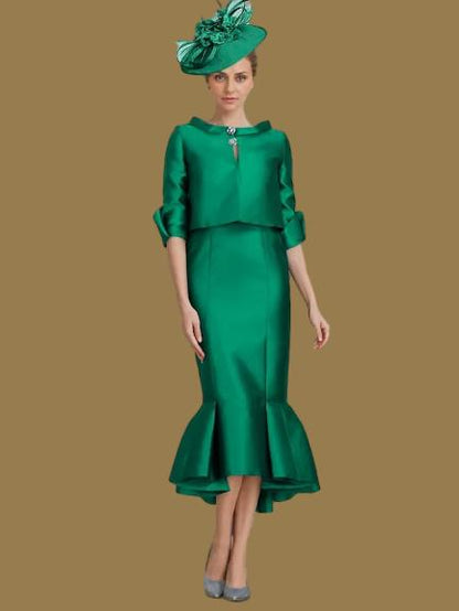Dress Two Piece Mermaid Formal Wedding Guest Elegant Jewel Neck Tea Length Satin Half Sleeve With Buttons Derby Dress Race Day Dress Mother of the Bride Dress