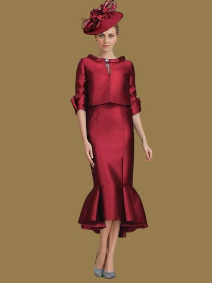 Dress Two Piece Mermaid Formal Wedding Guest Elegant Jewel Neck Tea Length Satin Half Sleeve With Buttons Derby Dress Race Day Dress Mother of the Bride Dress