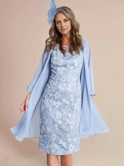 Dress Two Piece Sheath Elegant Jewel Neck Knee Length Lace Chiffon 3/4 Length Sleeve Wrap Included Dresses With Lace Mother of the Bride Dress