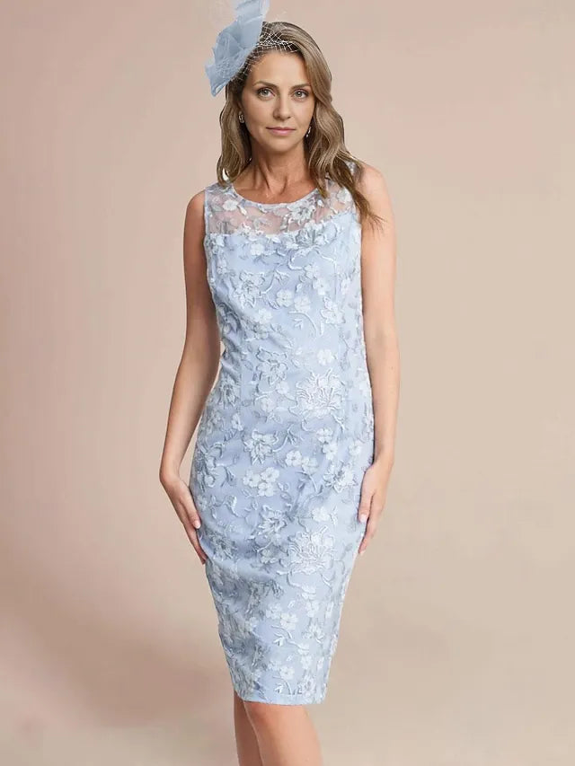 Dress Two Piece Sheath Elegant Jewel Neck Knee Length Lace Chiffon 3/4 Length Sleeve Wrap Included Dresses With Lace Mother of the Bride Dress