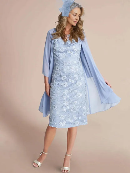 Dress Two Piece Sheath Elegant Jewel Neck Knee Length Lace Chiffon 3/4 Length Sleeve Wrap Included Dresses With Lace Mother of the Bride Dress
