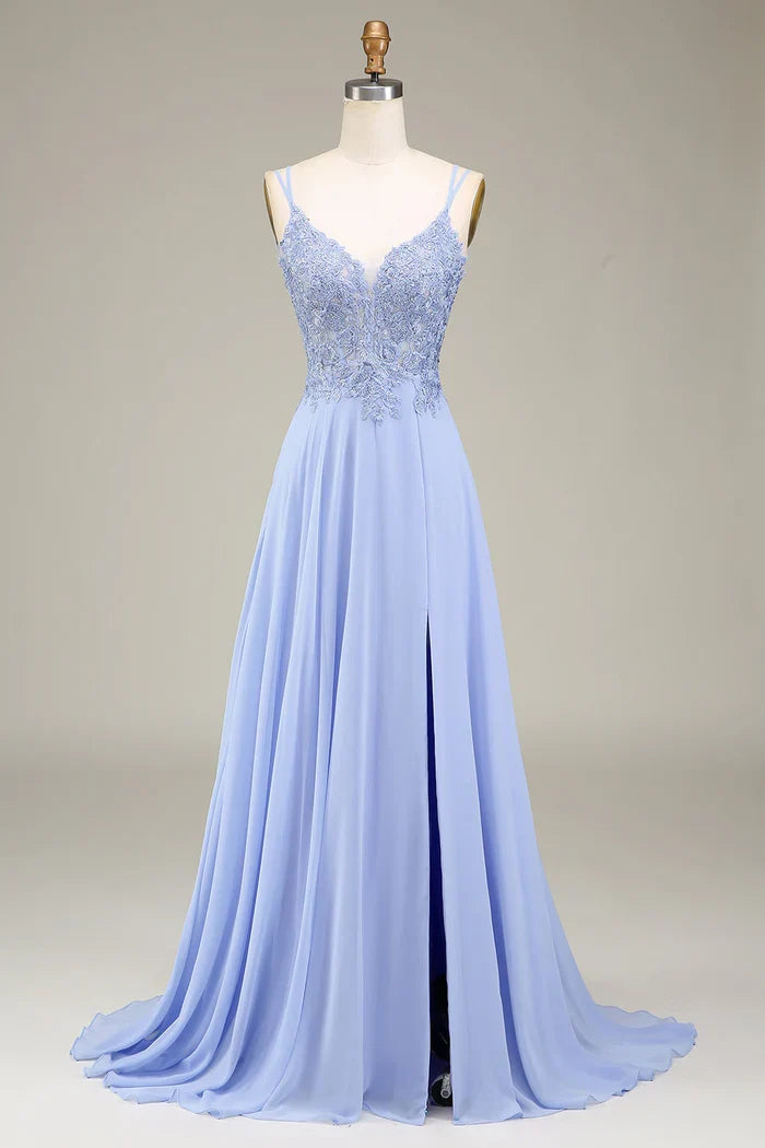 Dress Two Spaghetti Straps A-Line Lavender Long Evening Dress With Appliques Prom Dress