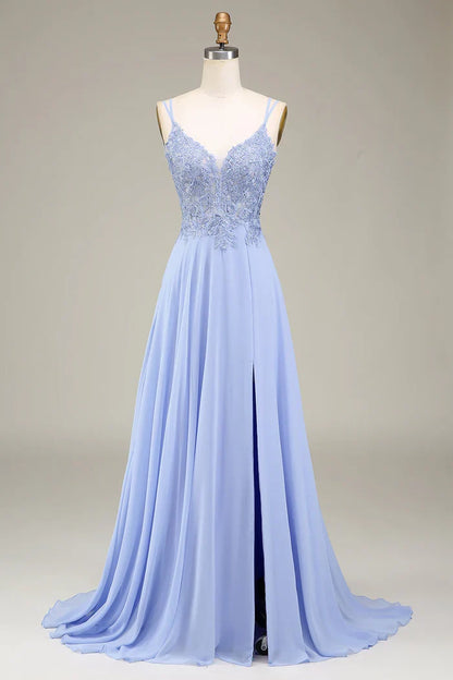 Dress Two Spaghetti Straps A-Line Lavender Long Evening Dress With Appliques Prom Dress