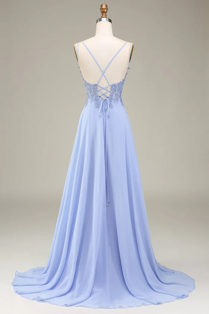 Dress Two Spaghetti Straps A-Line Lavender Long Evening Dress With Appliques Prom Dress