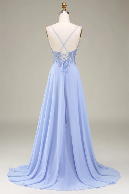 Dress Two Spaghetti Straps A-Line Lavender Long Evening Dress With Appliques Prom Dress