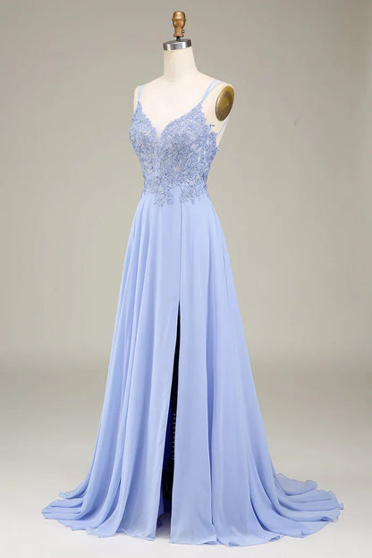 Dress Two Spaghetti Straps A-Line Lavender Long Evening Dress With Appliques Prom Dress
