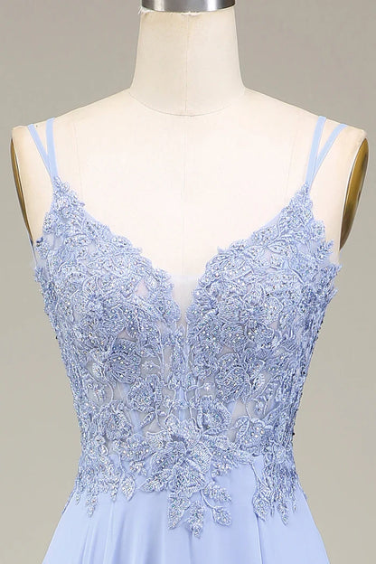 Dress Two Spaghetti Straps A-Line Lavender Long Evening Dress With Appliques Prom Dress