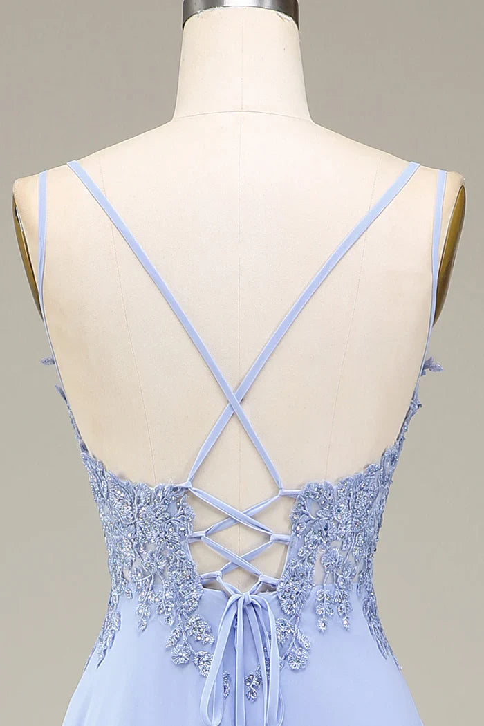 Dress Two Spaghetti Straps A-Line Lavender Long Evening Dress With Appliques Prom Dress