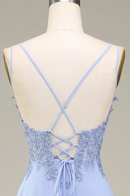 Dress Two Spaghetti Straps A-Line Lavender Long Evening Dress With Appliques Prom Dress