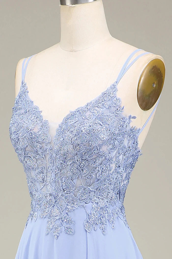 Dress Two Spaghetti Straps A-Line Lavender Long Evening Dress With Appliques Prom Dress