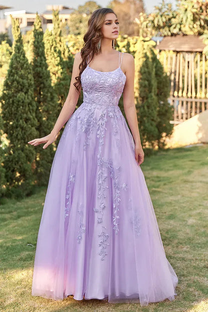 Dress Two Spaghetti Straps Purple Tulle Party Dress With Appliques Prom Dress