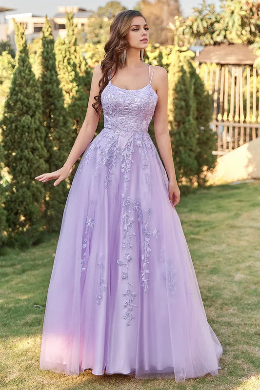 Dress Two Spaghetti Straps Purple Tulle Party Dress With Appliques Prom Dress