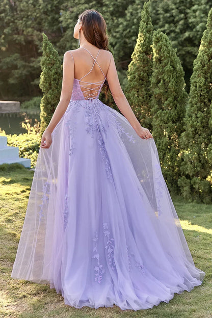 Dress Two Spaghetti Straps Purple Tulle Party Dress With Appliques Prom Dress