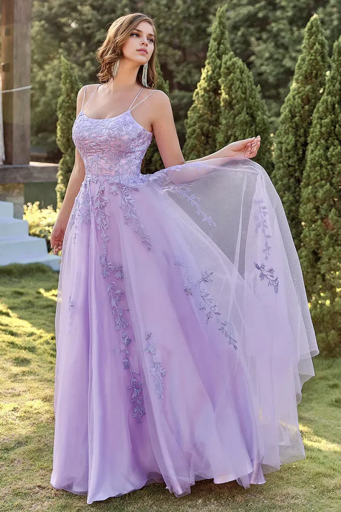 Dress Two Spaghetti Straps Purple Tulle Party Dress With Appliques Prom Dress