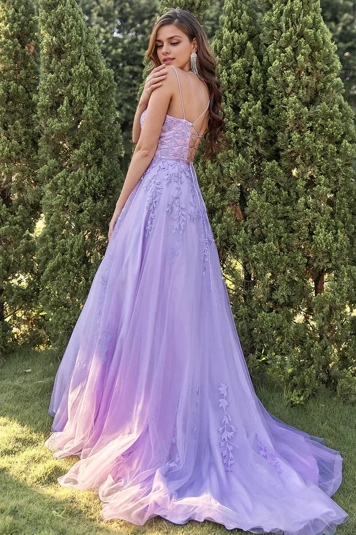 Dress Two Spaghetti Straps Purple Tulle Party Dress With Appliques Prom Dress
