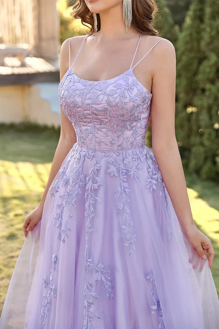 Dress Two Spaghetti Straps Purple Tulle Party Dress With Appliques Prom Dress