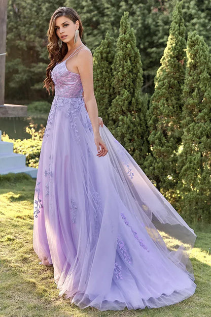 Dress Two Spaghetti Straps Purple Tulle Party Dress With Appliques Prom Dress
