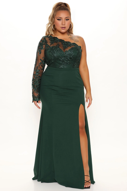 Dress Unforgettable Night Emerald Party Dress One-Shoulder Long Sleeves With Hight Slit Floor Length