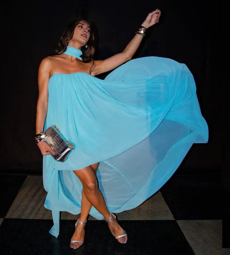 Dress Unique A Line Strapless Blue Chiffon Short Long Prom Dress Evening Dress Party Dress