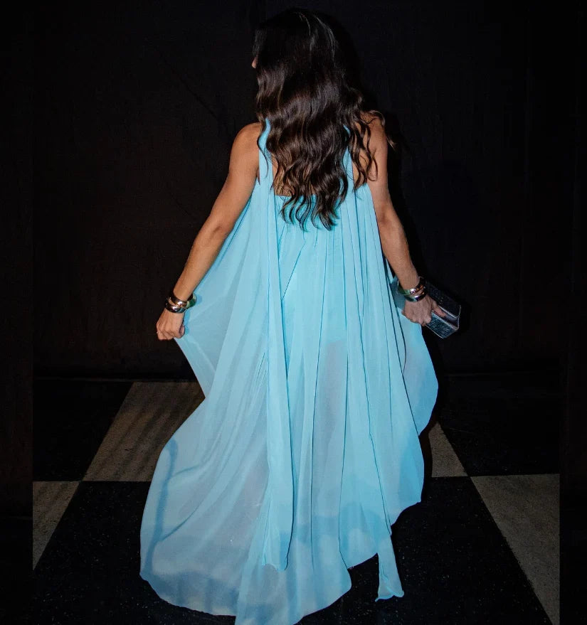 Dress Unique A Line Strapless Blue Chiffon Short Long Prom Dress Evening Dress Party Dress