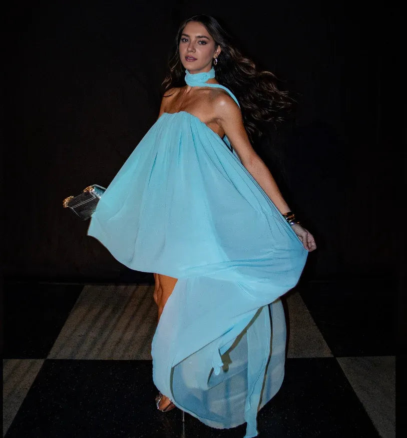 Dress Unique A Line Strapless Blue Chiffon Short Long Prom Dress Evening Dress Party Dress