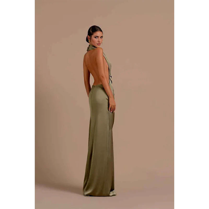 Dress Unique Halter Pleats Backless Long Dresses Formal Party Dress