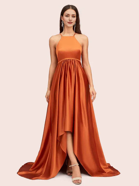 Dress Unique High Low Halter Satin Party Dresses Spaghetti Straps Sleeveless Prom Dress For Women