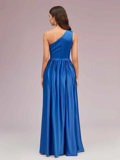 Dress Unique One Shoulder Maxi Dress Side Slit Soft Satin Graduation Pleated Prom Dresses
