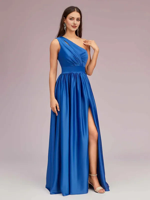 Dress Unique One Shoulder Maxi Dress Side Slit Soft Satin Graduation Pleated Prom Dresses