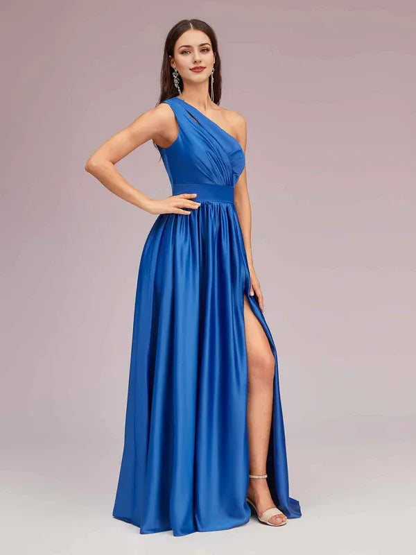 Dress Unique One Shoulder Maxi Dress Side Slit Soft Satin Graduation Pleated Prom Dresses