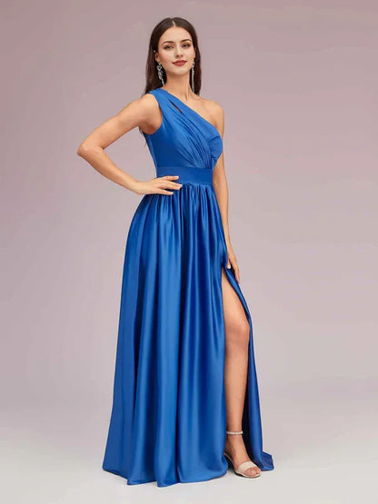 Dress Unique One Shoulder Maxi Dress Side Slit Soft Satin Graduation Pleated Prom Dresses