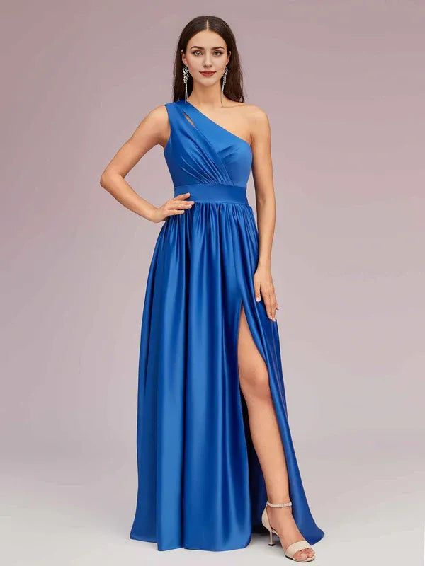 Dress Unique One Shoulder Maxi Dress Side Slit Soft Satin Graduation Pleated Prom Dresses