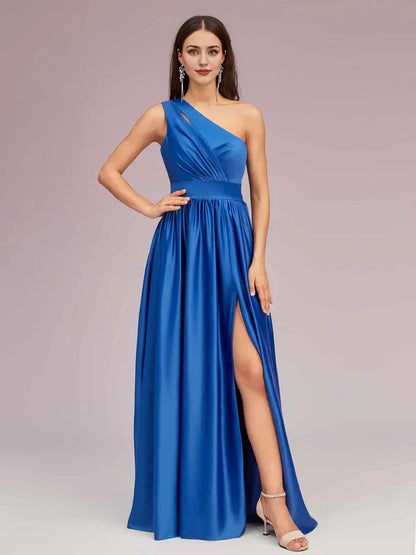 Dress Unique One Shoulder Maxi Dress Side Slit Soft Satin Graduation Pleated Prom Dresses