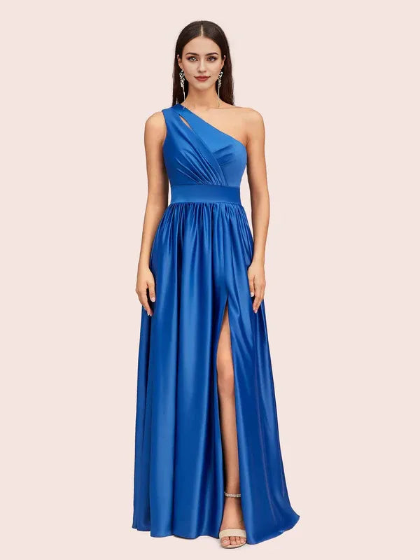 Dress Unique One Shoulder Maxi Dress Side Slit Soft Satin Graduation Pleated Prom Dresses