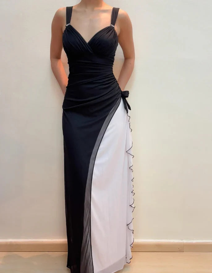 Dress Unique Sheath Wide Strap Black White Chiffon Prom Dress Evening Dress Party Dress