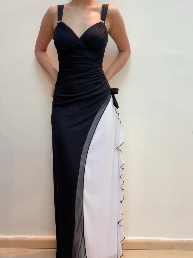 Dress Unique Sheath Wide Strap Black White Chiffon Prom Dress Evening Dress Party Dress