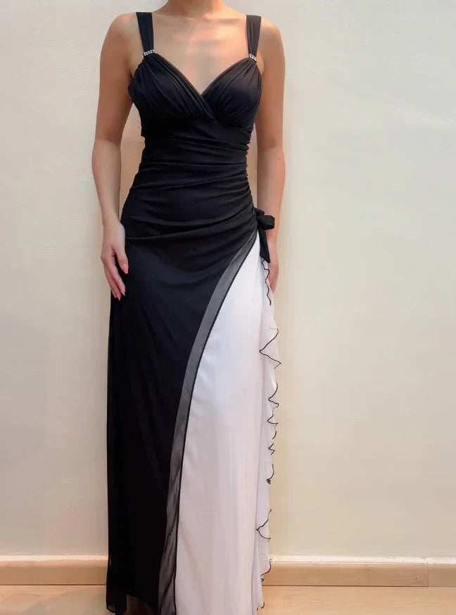 Dress Unique Sheath Wide Strap Black White Chiffon Prom Dress Evening Dress Party Dress