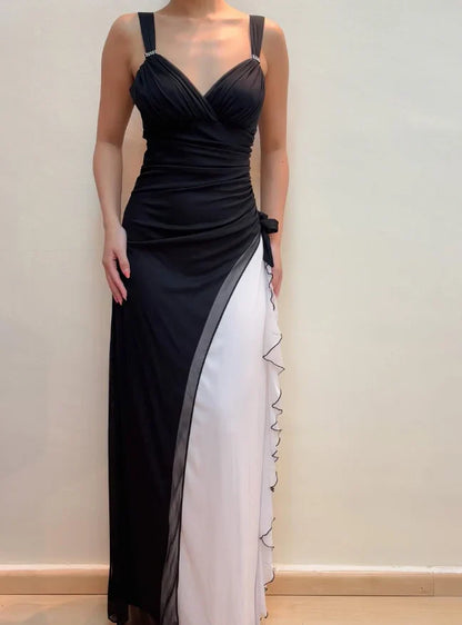 Dress Unique Sheath Wide Strap Black White Chiffon Prom Dress Evening Dress Party Dress