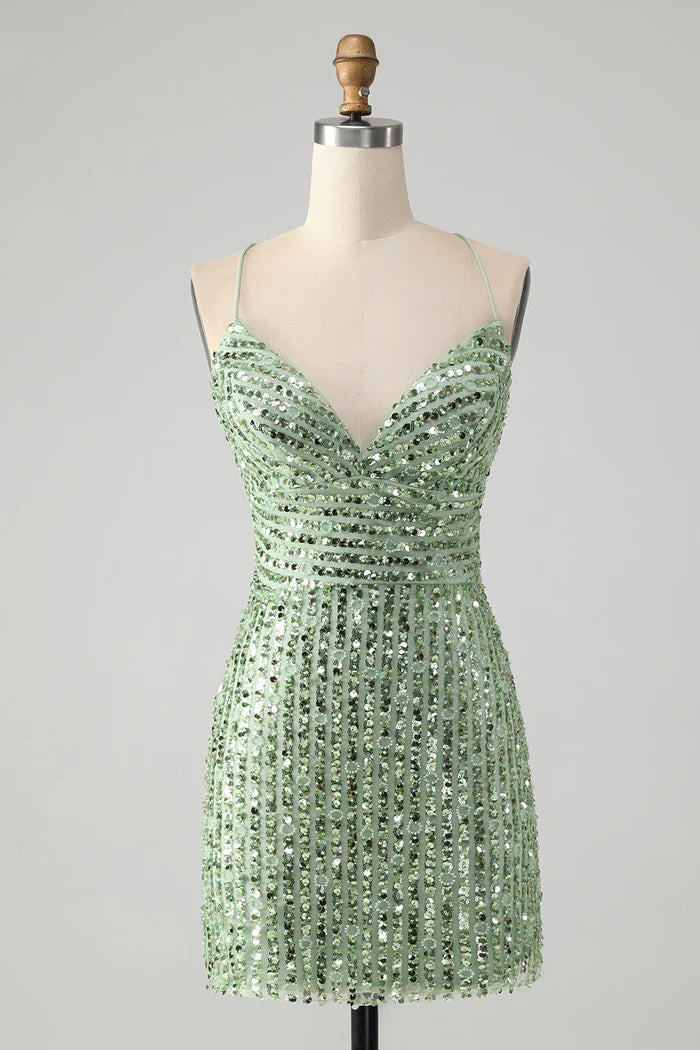 Dress Unique Sparkly Green Tight Sequins Short Homecoming Dress Lace Up Back Party Dress