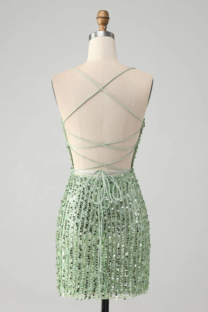 Dress Unique Sparkly Green Tight Sequins Short Homecoming Dress Lace Up Back Party Dress