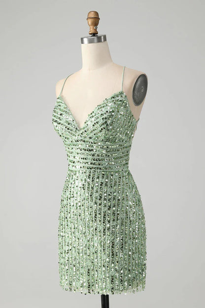Dress Unique Sparkly Green Tight Sequins Short Homecoming Dress Lace Up Back Party Dress