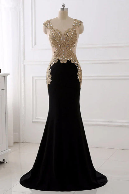 Dress V-Neck Sleeveless Mermaid Evening Dresses Gold Appliques With Crystals Prom Dress